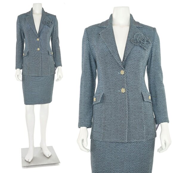 St. John Dresses & Skirts - St. John Collection 2Pc Herringbone Jacket & Skirt Suit in Light Blue/Charcoal